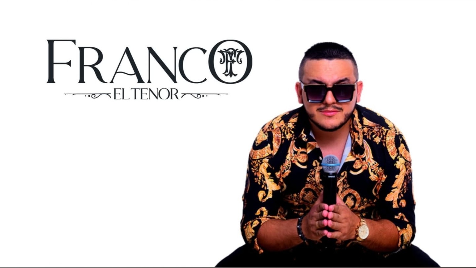 Franco el Tenor con micrófono y su identidad gráfica original