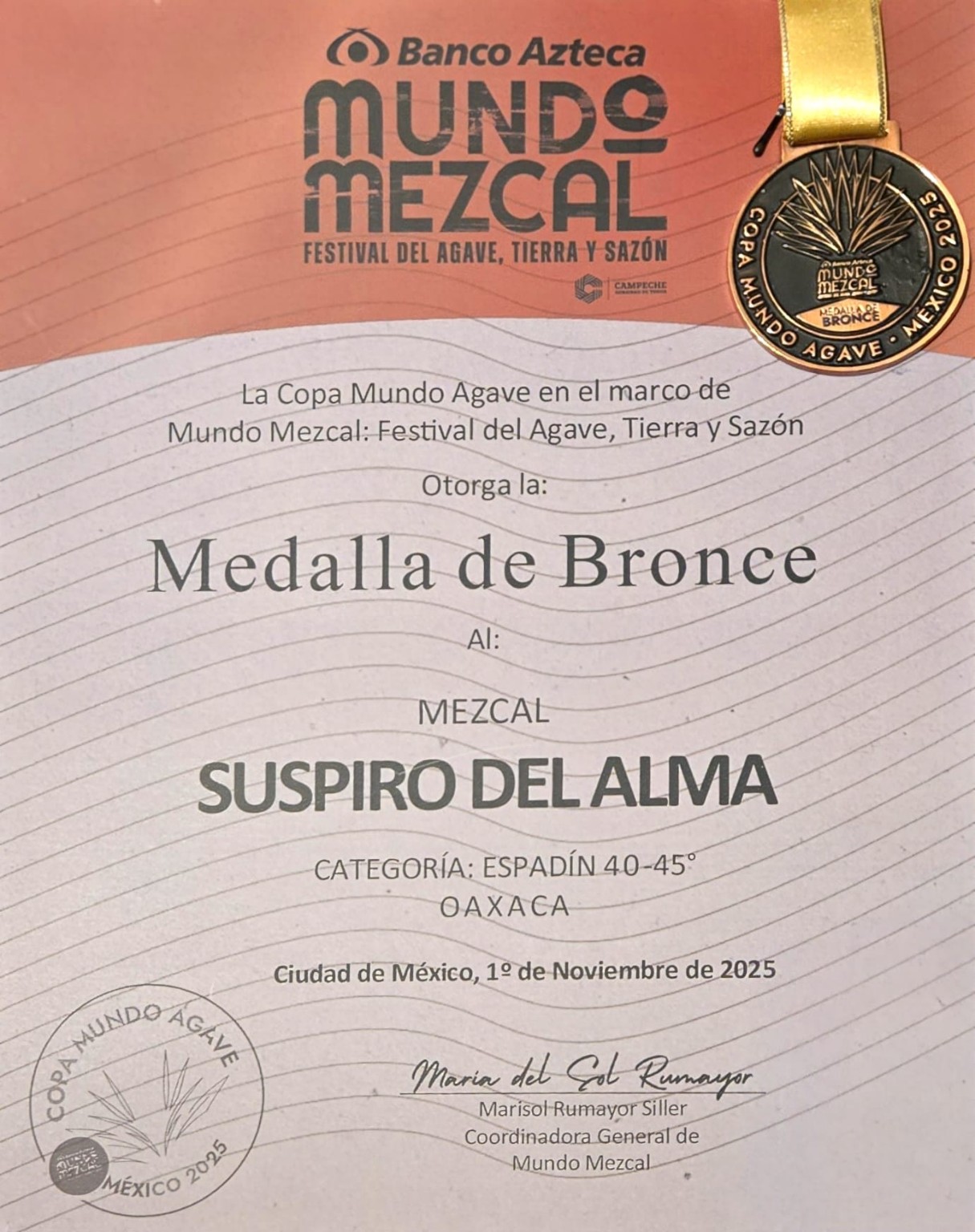 Detalle del diploma de bronce: Suspiro del Alma, categoría Espadín 40–45°, Oaxaca